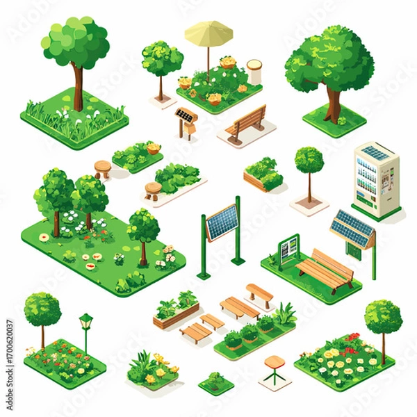 Fototapeta Isometric vector illustration of urban park elements including green trees bushes flower beds wooden benches solar panels vending machine lanterns and umbrellas isolated on white background