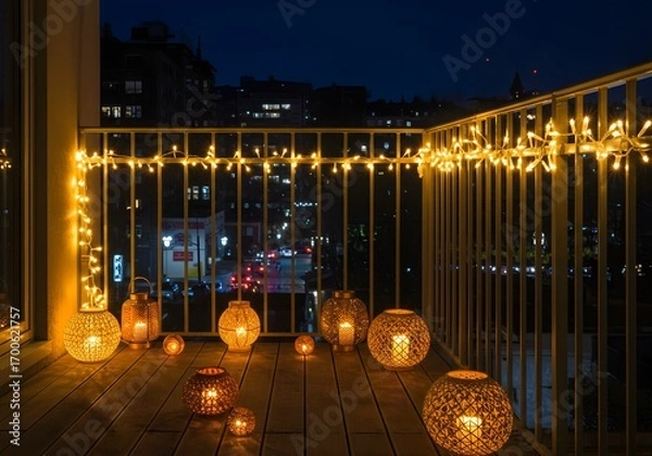 Obraz Diwali balcony decorated with glowing lanterns and fairy lights at night, creating a warm and inviting atmosphere with city lights in the background