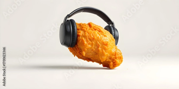 Fototapeta A single golden fried chicken wing wearing a large, modern over-ear headset, isolated on a clean background, studio lighting, glossy crispy texture, humorous and surreal concept