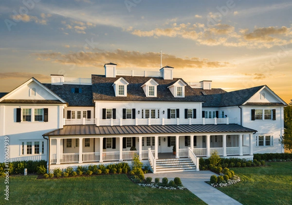 Fototapeta High-resolution image of a large colonial style villa, symmetrical design, white painted walls, dark roof shingles, wide porch with pillars, lush front garden, sunset golden hour lighting.