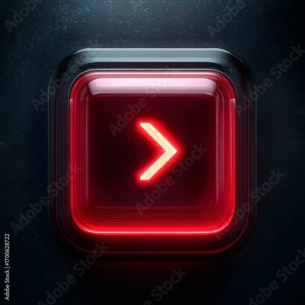 Fototapeta Illuminated red button with a bright arrow symbol, signifying forward movement and action.