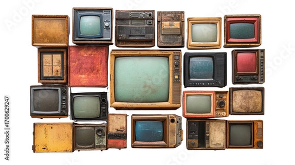 Fototapeta Retro TV boxes cut out with a frame screen isolated on a white transparent background