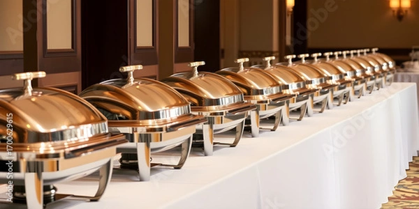 Fototapeta elegant catering buffet setup, a straight line of polished stainless steel chafing dishes with lids, set on a long white linen table, professional event catering style
