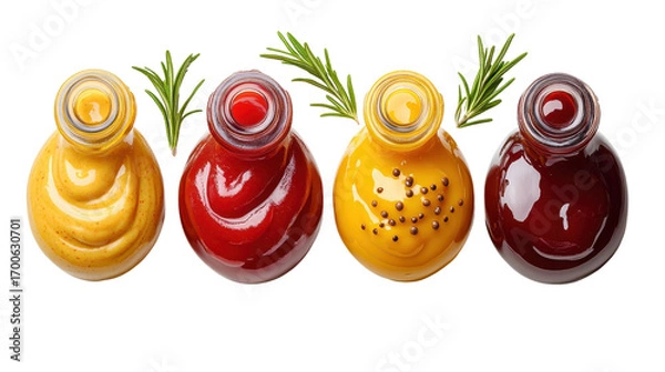 Fototapeta Selection of different sauces in bowls isolated on white transparent background