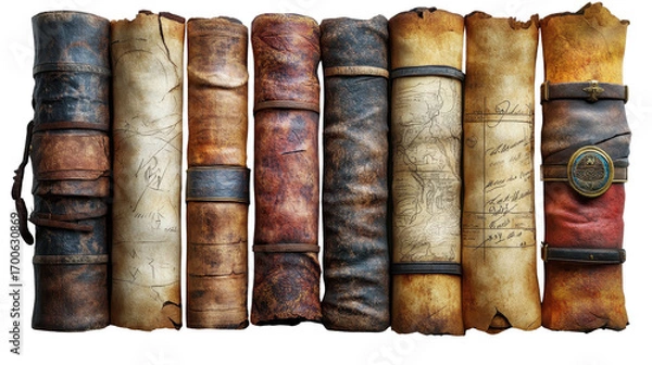 Fototapeta Set of ancient parchment scrolls isolated on a white transparent background