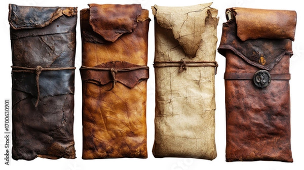 Fototapeta Set of ancient parchment scrolls isolated on a white transparent background