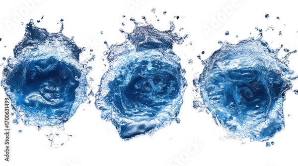 Fototapeta Set of blue water splashes with droplets isolated on a white transparent background