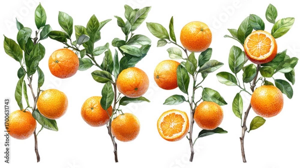 Fototapeta Set of branches with ripe delicious oranges isolated on a white transparent background