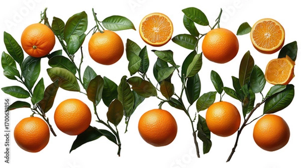 Fototapeta Set of branches with ripe, delicious oranges isolated on a white transparent background