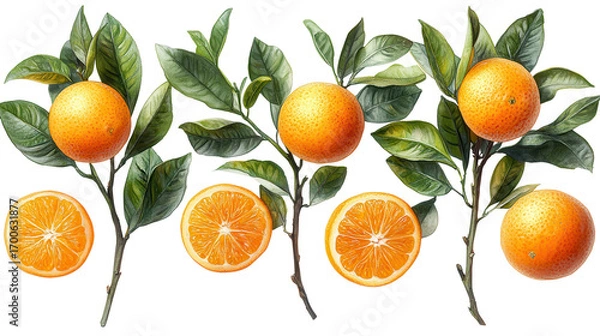 Fototapeta Set of branches with ripe, delicious oranges isolated on a white transparent background