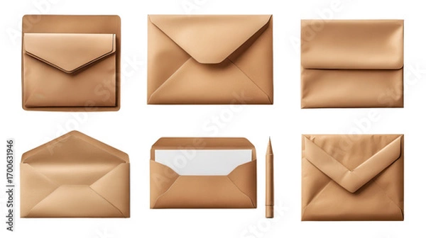 Fototapeta Set of brown envelopes sealed empty and with a blank isolated on a white transparent background