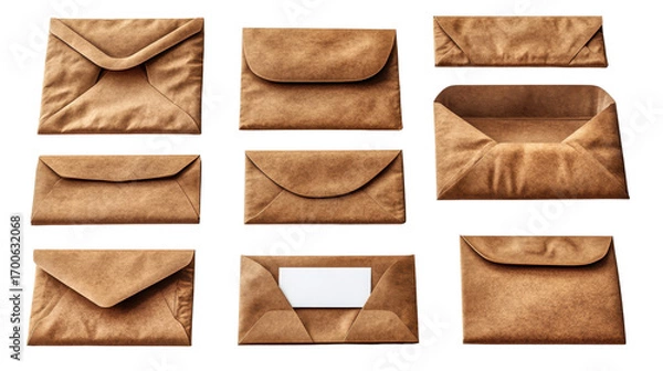 Fototapeta Set of brown envelopes sealed empty and with a blank isolated on a white transparent background