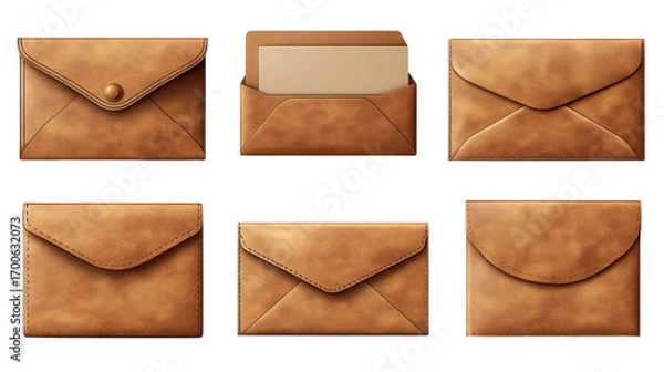 Fototapeta Set of brown envelopes sealed empty and with a blank isolated on a white transparent background