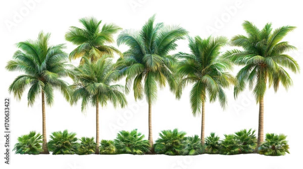 Fototapeta Set of green palm trees isolated on a white transparent background