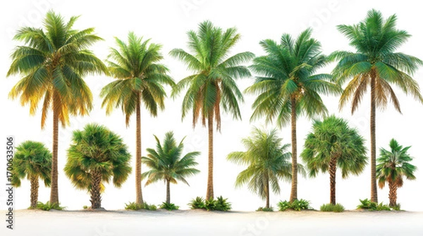 Fototapeta Set of green palm trees isolated on a white transparent background