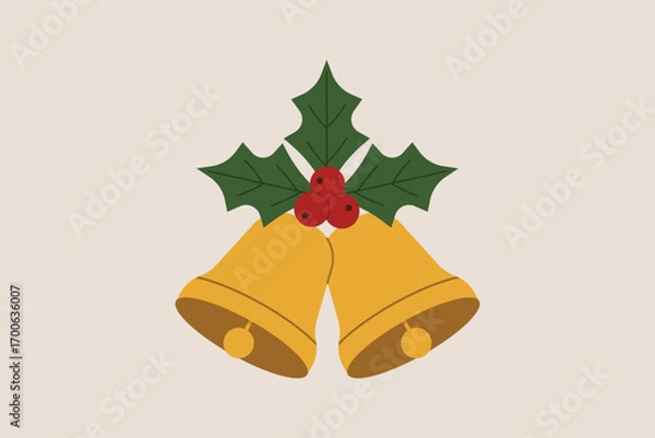 Fototapeta Golden Christmas bells decorated with holly leaves and red berries on beige background, festive holiday ornament. Flat vector illustration