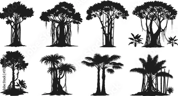 Obraz Silhouette tropical trees, banyan trees, palm trees, jungle vegetation, nature landscape, exotic forest, tropical plants, wild flora, isolated black trees.