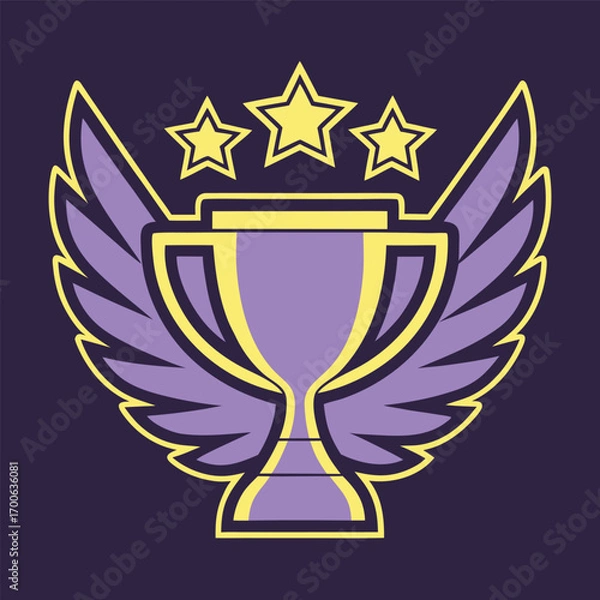 Fototapeta Illustration of a winged trophy cup with stars on a dark purple background for graphic design and decoration purposes