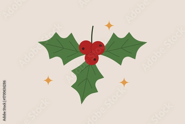 Fototapeta Christmas holly with green leaves and red berries decorated with golden sparkles on beige background, festive seasonal ornament. Flat vector illustration