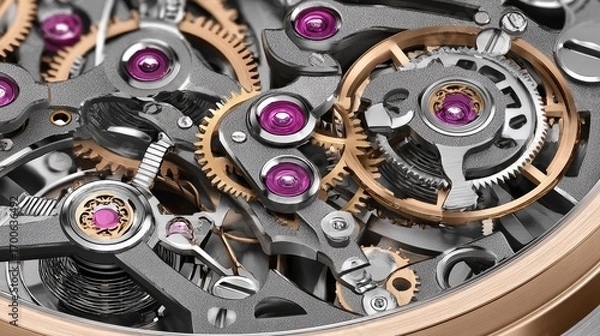 Fototapeta Close-up of intricate watch movement.  Precision gears and components.  Rose gold and gray tones.  Amethyst-colored jewels