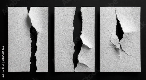 Fototapeta Three ripped sheets of off-white paper against a black background.  Each sheet is torn vertically, displaying ragged edges and creases