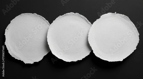 Fototapeta Three circular, torn pieces of white paper on a black background