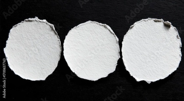 Fototapeta Three circular white paper cutouts on black backdrop