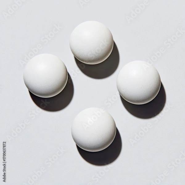 Fototapeta Four perfectly round, off-white spheres arranged symmetrically on a light gray surface.  Shadows cast beneath each sphere