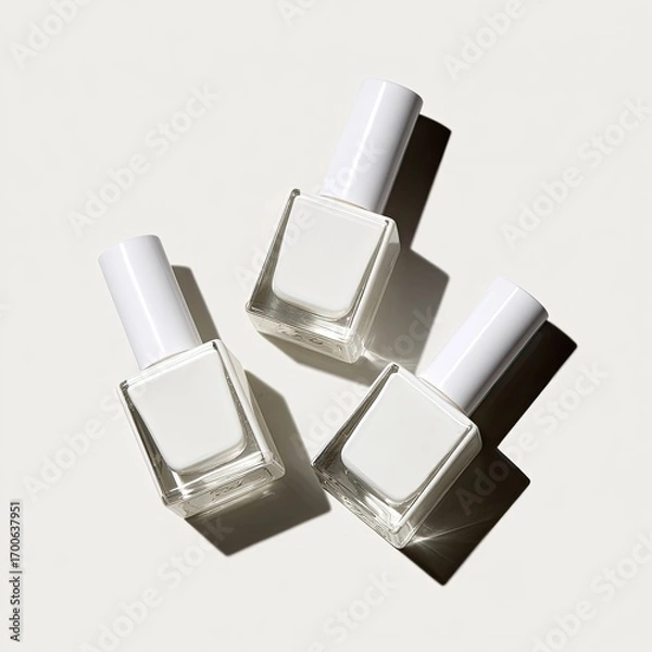 Fototapeta Three white nail polish bottles, square glass, glossy white caps, minimalist aesthetic, soft shadows on a white background