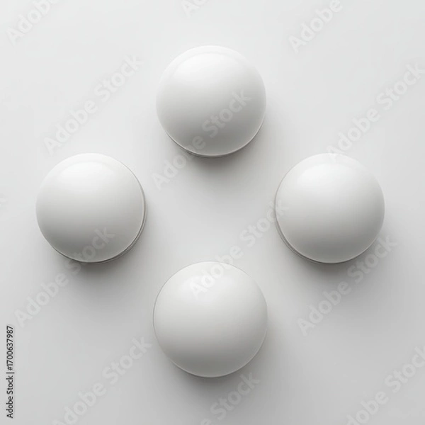 Fototapeta Four white spheres arranged in a cross pattern on a plain white background.  Geometric, minimalist design.  Perfect spheres, smooth surfaces.  Clean, modern aesthetic