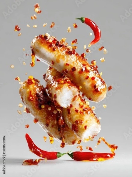 Fototapeta Spicy, golden-brown, food items, like sausages or skewers, are suspended in mid-air, surrounded by chili peppers and spice-like particles.  A glossy, spiced glaze coats the food
