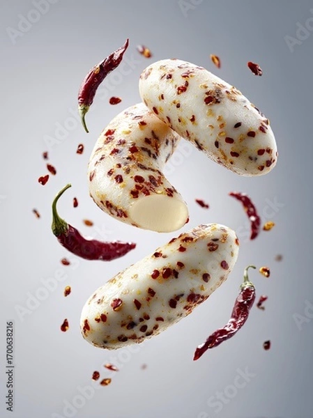 Fototapeta Spicy cheese slices in mid-air, peppered with chili
