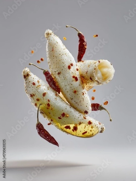Fototapeta Floating white food items, coated in spice and oil, with chili peppers