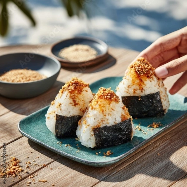 Fototapeta Three onigiri, topped with sesame, on a teal plate. A hand reaches for one