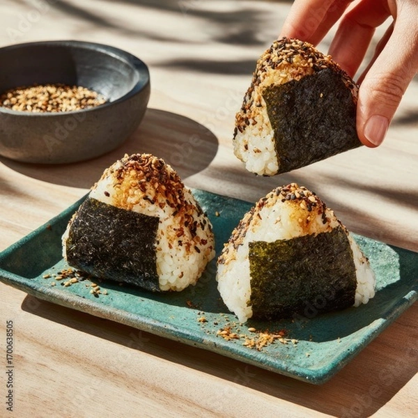 Fototapeta Three onigiri, triangular rice balls, topped with sesame seeds, on a teal plate.  A hand is reaching for one. A small bowl of sesame seeds is visible in the background