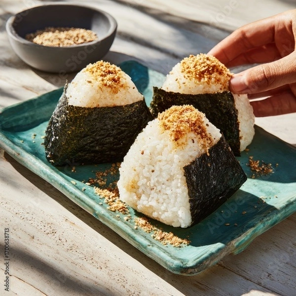 Fototapeta Three triangular onigiri, topped with sesame seeds, on a teal plate. A hand reaches for one