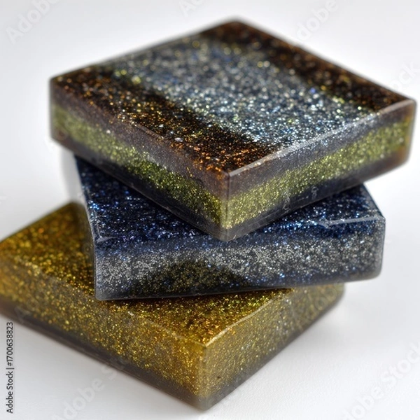 Fototapeta Three square resin coasters, stacked, showcasing layered color transitions and glitter