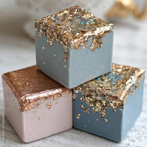 Fototapeta Three small, cube-shaped objects, stacked.  Pale pink, rose gold, and light blue-gray colors.  Each cube has a layer of gold or rose gold leaf flakes over the top, with specks of glitter