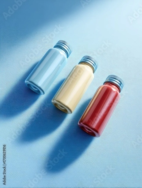 Fototapeta Three small, colored bottles on a light blue surface, casting shadows