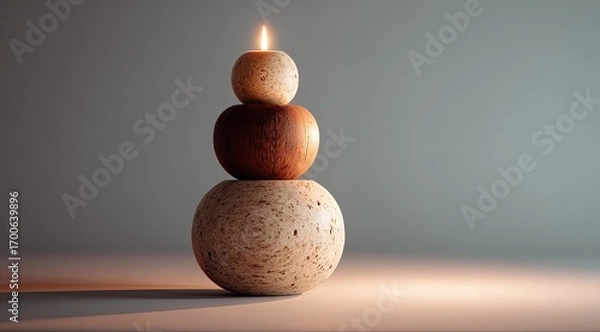 Fototapeta Stacked, spherical candle holders, light beige and wood tones. A  flickering flame atop