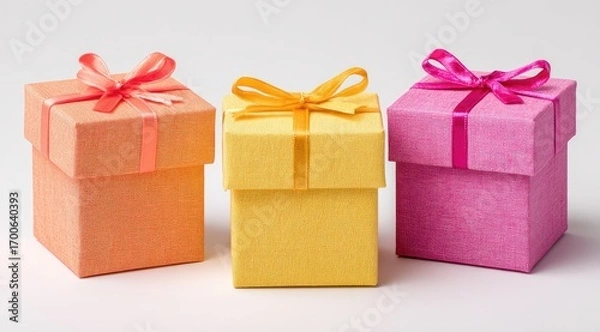 Fototapeta Three small gift boxes in vibrant colors,  each with a matching ribbon bow.  Bright, cheerful presentation