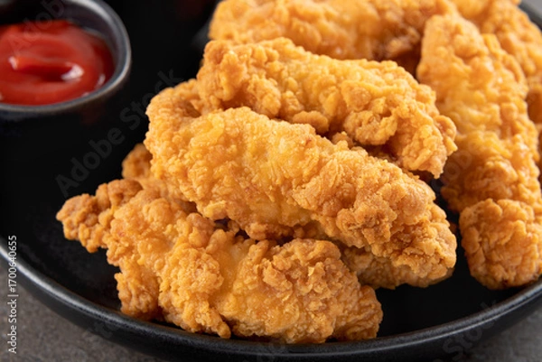 Fototapeta Crispy chicken breast strips with ketchup on a dark background. Close-up. Fast food.