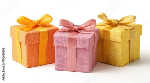 Fototapeta Three small, square gift boxes in peach, pink, and yellow,  decorated with yellow and rose-gold ribbons and bows, arranged in a row against a plain white background