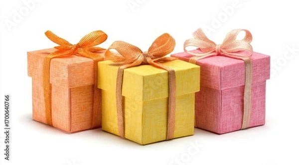 Fototapeta Three small gift boxes in pastel colors,  stacked horizontally,  tied with ribbons