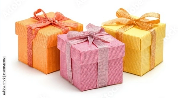 Fototapeta Three small, square gift boxes,  in pastel colors,  with  bows and ribbons,  isolated on white