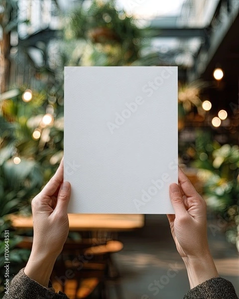 Fototapeta Hands holding blank white paper, out-of-focus greenery and lights in background