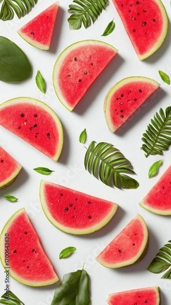 Fototapeta Fresh watermelon slices and tropical leaves arranged on white background