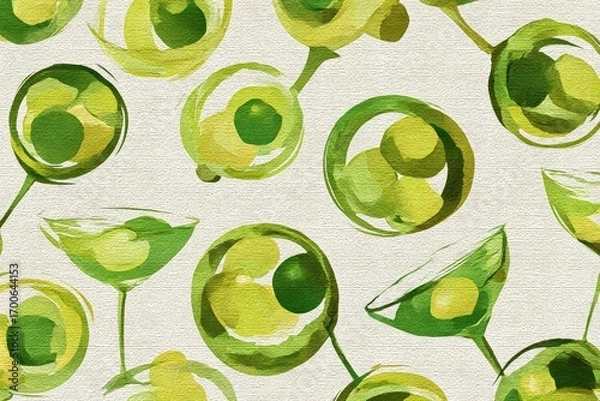 Fototapeta Abstract watercolor pattern of cocktail glasses and citrus