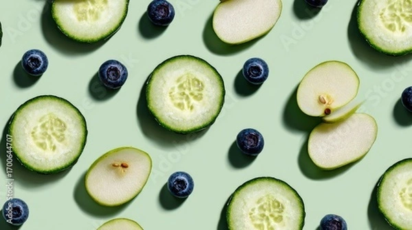 Fototapeta Fresh fruit and vegetable slices arranged in a repeating pattern on a pale green background
