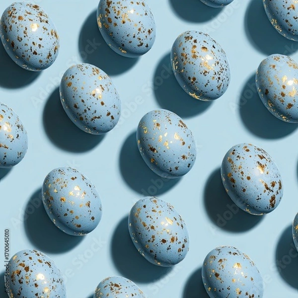 Fototapeta Light-blue eggs, speckled with gold, arranged in a diagonal pattern on a light-blue background.  Shadows are cast.  3D render